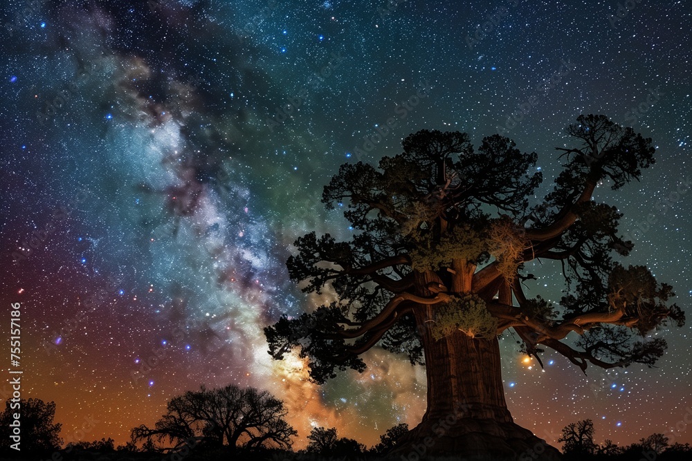 A Stately Sequoia Standing Tall Against a Starlit Sky, Its Massive Trunk Bearing Witness to Millennia, Embodying Natural Heritage and Wisdom for Earth Day - obrazy, fototapety, plakaty 