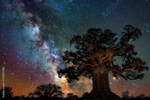 A Stately Sequoia Standing Tall Against a Starlit Sky, Its Massive Trunk Bearing Witness to Millennia, Embodying Natural Heritage and Wisdom for Earth Day photo