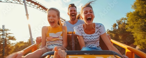 family having fun riding a rollercoaster at an amusement park, filling free time on holiday © adang