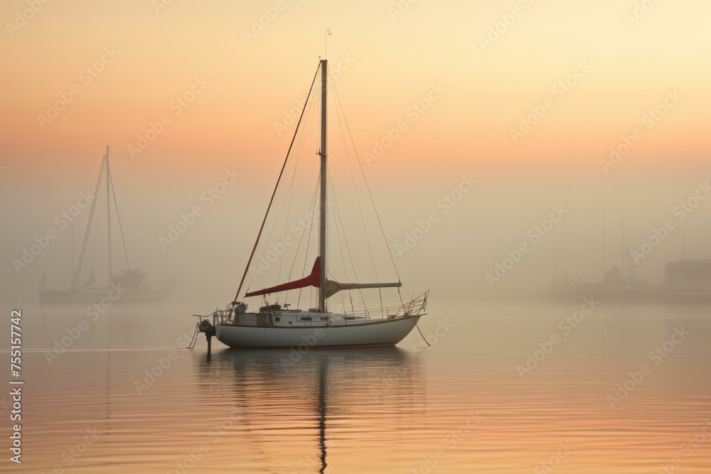Serene Sailboat foggy day. Medieval sail. Generate Ai