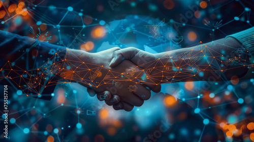 Two hands engaging in a futuristic digital handshake with glowing network patterns, symbolizing modern business agreements.