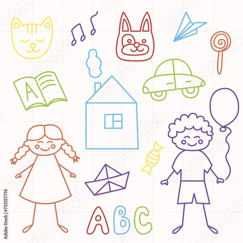 Daycare kids doodle set. Cute colorful kindergarten collection elements in cartoon style. Children toys, animals, candy. Hand drawn illustration, bold lines with colored marker.