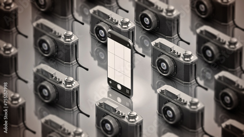 Smartphone stands out among vintage analogue SLR cameras. 3D illustration