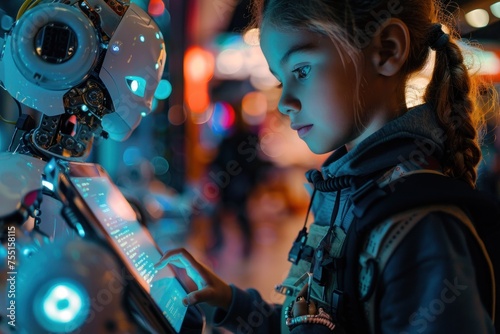 A young girl captivated by a robot displayed on a tablet screen, showing curiosity and interest.