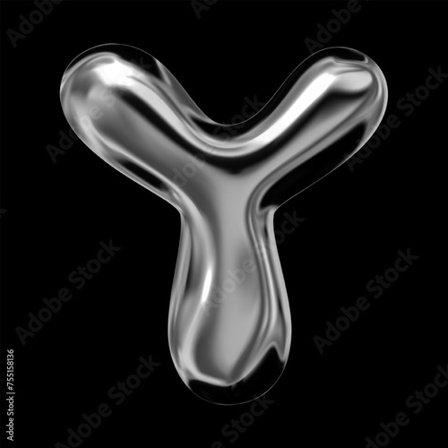 Glossy 3D chrome letter Y of English alphabet, Y2K retro futuristic inflated balloon bubble typeface font, fluid liquid metal with shiny surface, vector isolated