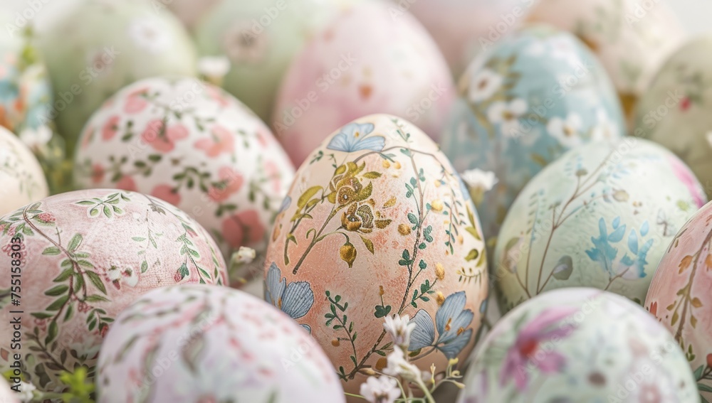 A closeup of Easter eggs with delicate floral patterns A closeup of Easter eggs with delicate floral patterns