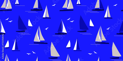 Seamless pattern with sailing boats, yachts on a background of water, sea. Abstract print for relaxation. Vector graphics.