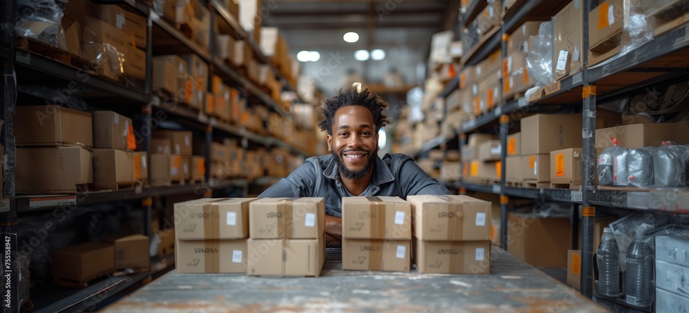 A man is sitting at a wooden table in a warehouse filled with boxes. The hardwood flooring has a glossy wood stain. He smiles while working on an engineering event in the city