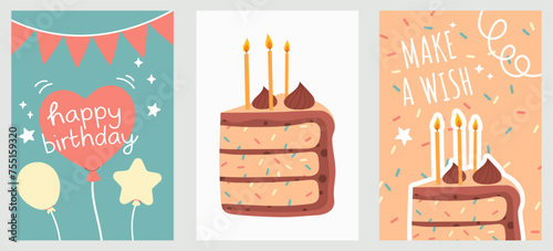Set of birhday cards with cake and candle. Set of cute birthday greeting cards vector design eps10. Cakes slices pieces with candles isolated on white. Set of birthday cards. Vector for postcards and 