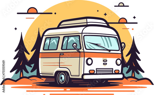 Camper Van Parked by Ocean with Palm Trees Vector Art © The biseeise