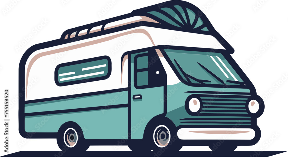 Camper Van Parked by River with Mountains Vector Graphic