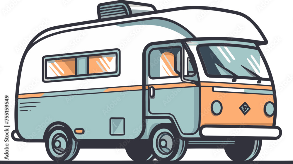 Retro Style Camper Van Vector Drawing with Mountain Lake Background