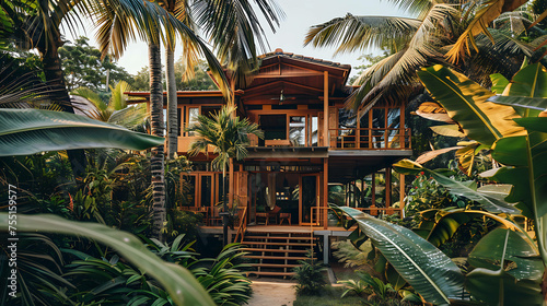 A beautiful wooden house nestled in the middle of a lush tropical jungle. The house is surrounded by lush vegetation. © lkin