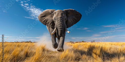 un grosso elefante che salta verso la macchina fotografica con la bocca aperta in un ringhio, lo sfondo è la steppa della Patagonia in Argentina con un cielo limpido e blu photo