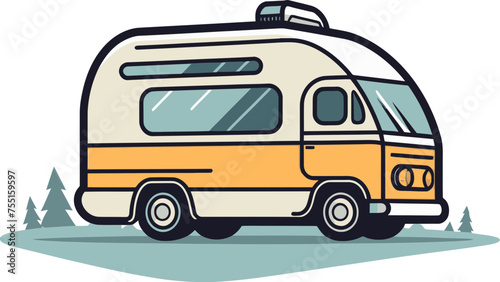 Camper Van Parked at Campsite with Campfire Vector Illustration © The biseeise