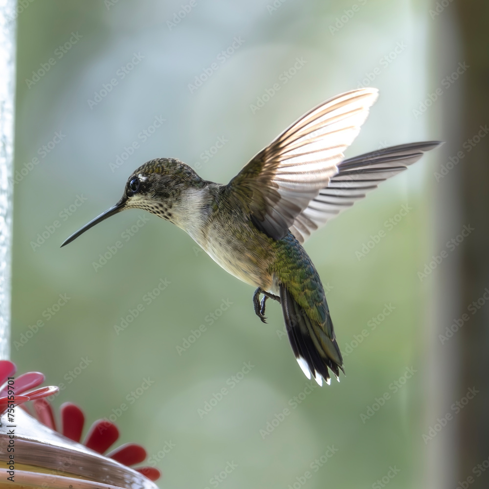 Naklejka premium Hummingbird Freeze Framed Approaching Feeder