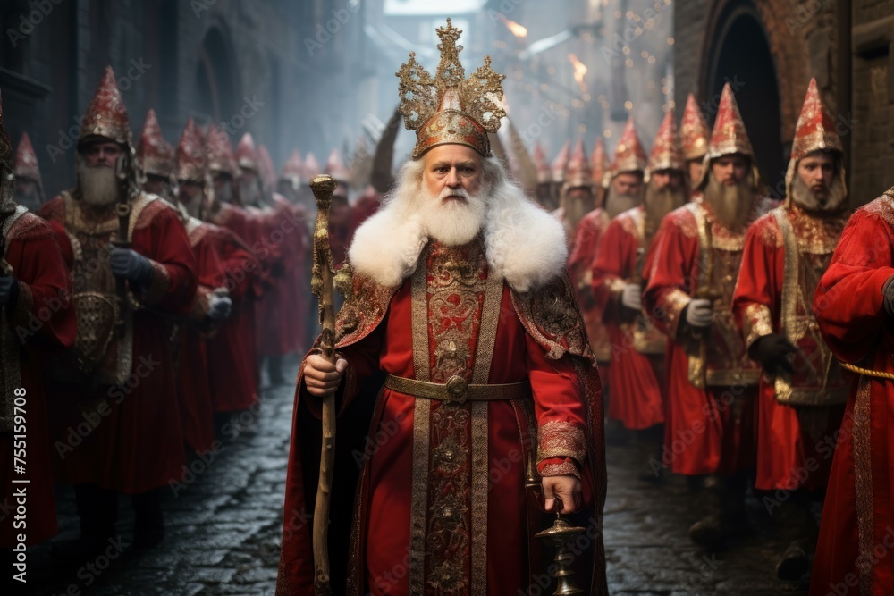 Traditional Saint nicholas procession. Elderly and intelligent persons with white and long beard. Generate AI