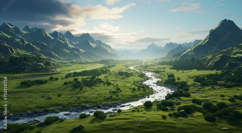 A beautiful valley with green hills and mountains