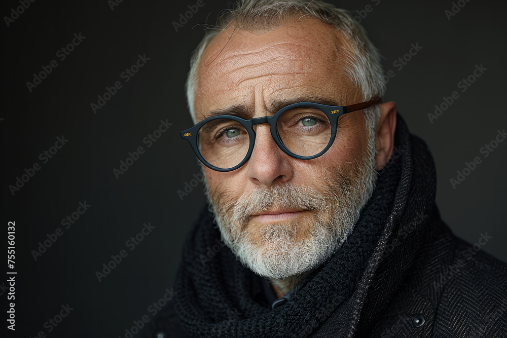Silhouette portrait of a sophisticated man, gray hair, three days beard, modern black high-end fashion jacket, in minimalist dark backdrop, embodying classic elegance for a high-fashion magazine cover Silhouette portrait of a sophisticated man, gray hair, three days beard, modern black high-end fashion jacket, in minimalist dark backdrop, embodying classic elegance for a high-fashion magazine cover