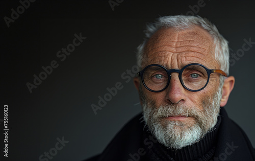 Silhouette portrait of a sophisticated man, gray hair, three days beard, modern black high-end fashion jacket, in minimalist dark backdrop, embodying classic elegance for a high-fashion magazine cover