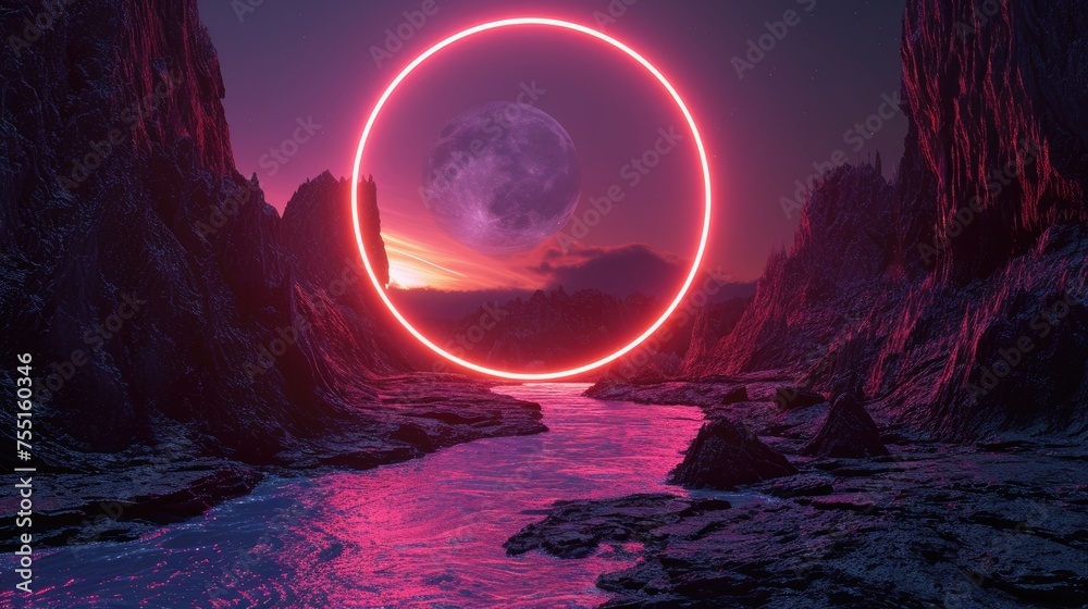 The great pink floating circle beyond the river that surrounded with a ...