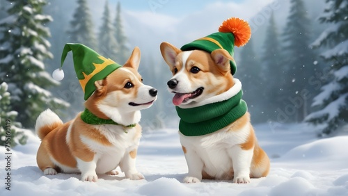 A contented Corgi puppy, its short legs kicking up snow, wearing a green elf hat and a jingly gold scarf, sitting beside a snowman with a carrot nose.