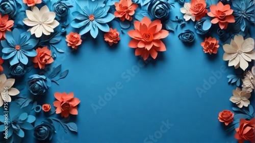 multi-colored paper flowers on a blue background. copy space
