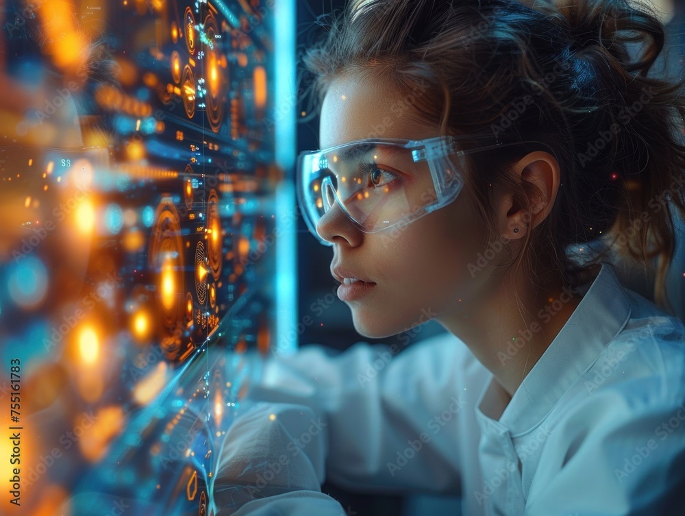 A female scientist wearing a lab coat and safety goggles is studying data on a computer screen with infographics displayed.