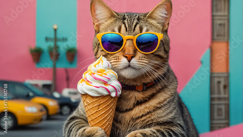 cute cat with ice cream in sunglasses