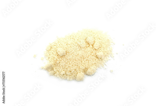Pile of grated parmesan cheese isolated on white