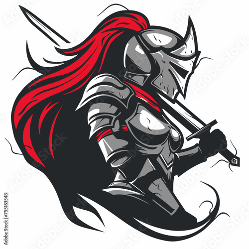 Vector esport logotype female warrior knight on white background, logo woman warrior, icon woman warrior, sticker woman warrior, symbol woman warrior, emblem woman warrior