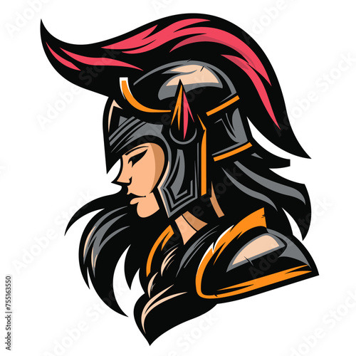Vector esport logotype female warrior knight on white background, logo woman warrior, icon woman warrior, sticker woman warrior, symbol woman warrior, emblem woman warrior