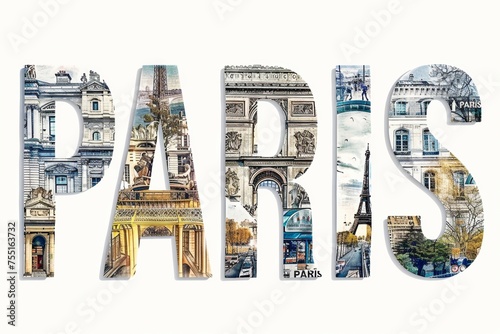 Iconic city landmarks artfully merged into PARIS