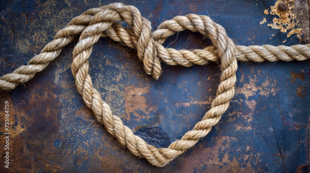 A heart-shaped rope on a rustic background, symbolizing love and connection.
