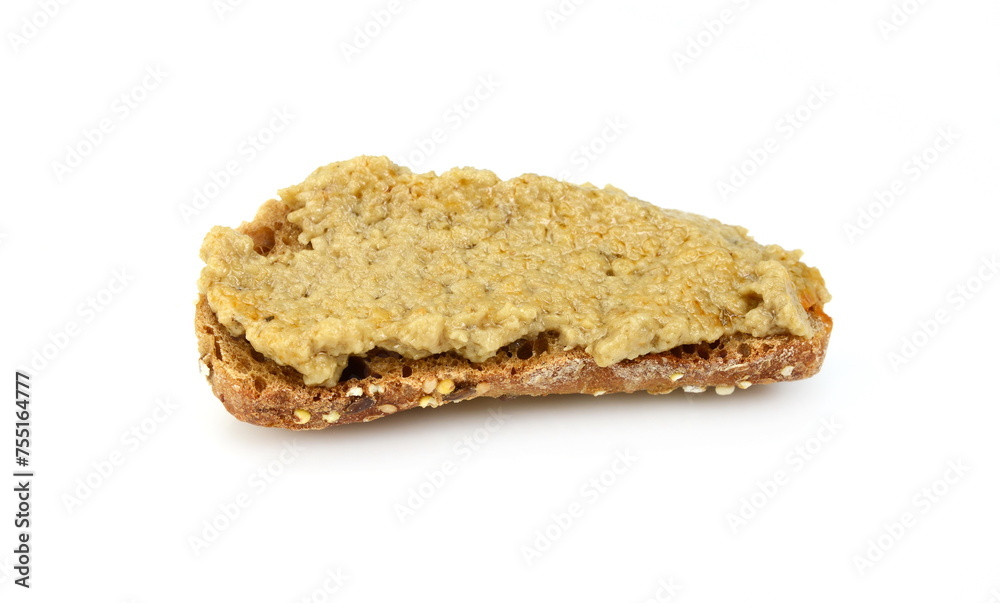 Eggplant dip isolated on white background. Eggplant spread on bread isolated. Eggplant dip isolated on white background. Eggplant spread on bread isolated.