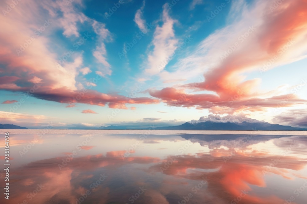 Mirrored Salt lake reflection sky. Camera nature. Generate Ai