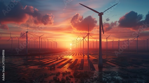 Modern Wind Turbines and Solar Panels in Sunset Light, GENERATIVE AI