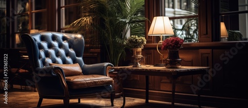 A cozy chair and a table are placed in a luxury hotel lounge. The stylish furniture arrangement enhances the ambience of the room, creating a welcoming and sophisticated atmosphere. photo
