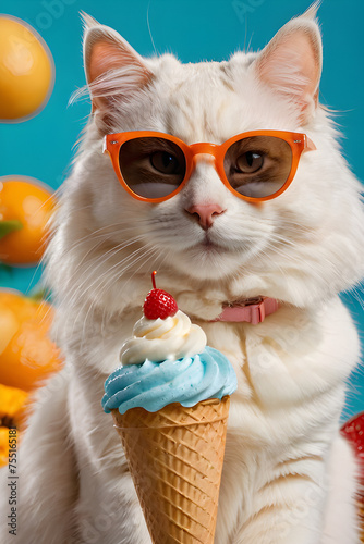 Funny animal pet summer holiday vacation photography banner - Closeup of cat with sunglasses, eating ice cream in cone, isolated on apricote background photo