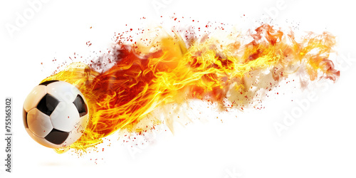 Soccer ball flying on fire isolated on transparent background.