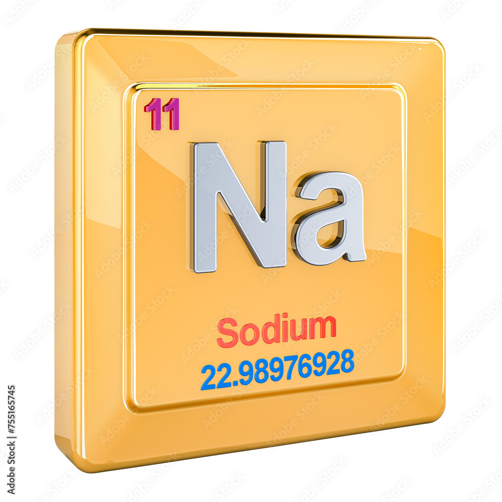 Sodium Na, chemical element sign with number 11 in periodic table. 3D rendering isolated on transparent background Sodium Na, chemical element sign with number 11 in periodic table. 3D rendering isolated on transparent background