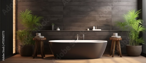 A black and wooden bathroom featuring a bathtub and two stools. The room is adorned with a table and plant  and a carpet covers the wooden floor. Two sinks with mirrors are visible near the window.