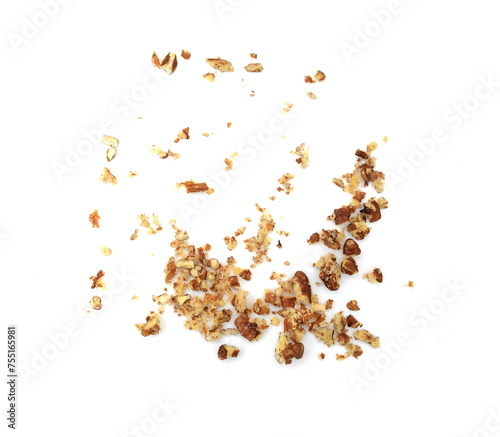 Ground, milled, crushed, Chopped pecan nuts isolated on white background