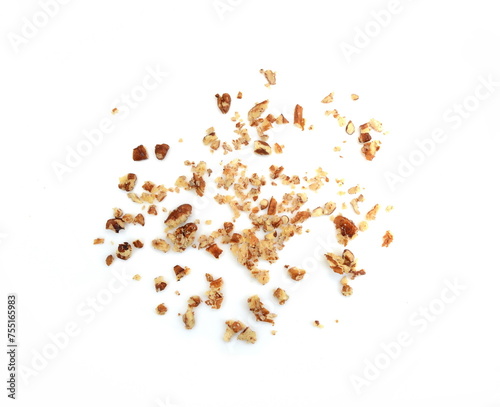 Ground, milled, crushed, Chopped pecan nuts isolated on white background