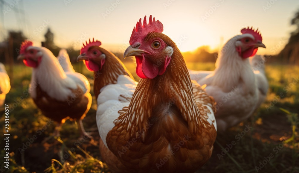 a group of chickens on a field at sunset