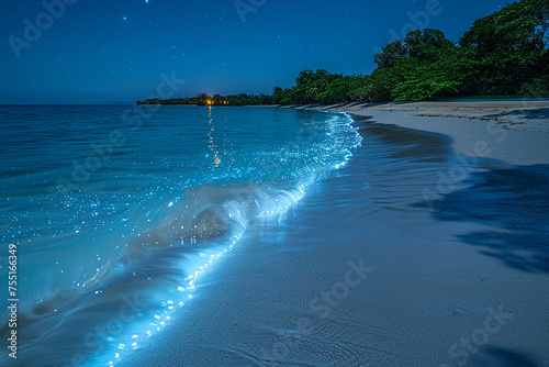 Bioluminescent waves on a tropical beach photo