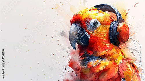 A painting of a macaw wearing headphones, vibrant watercolor colors
