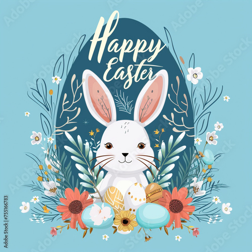 Design banner with cute cartoon style rabbit flowers eggs typography written Happy Easter