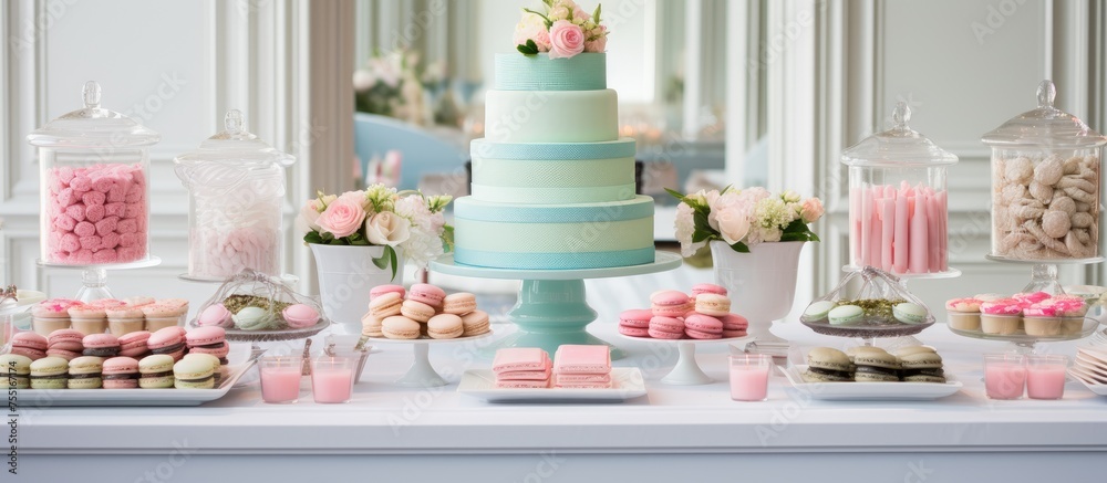 A dessert table filled with a beautiful wedding cake and an assortment of candy and baked goods. The perfect addition to any event or wedding ceremony supply A dessert table filled with a beautiful wedding cake and an assortment of candy and baked goods. The perfect addition to any event or wedding ceremony supply