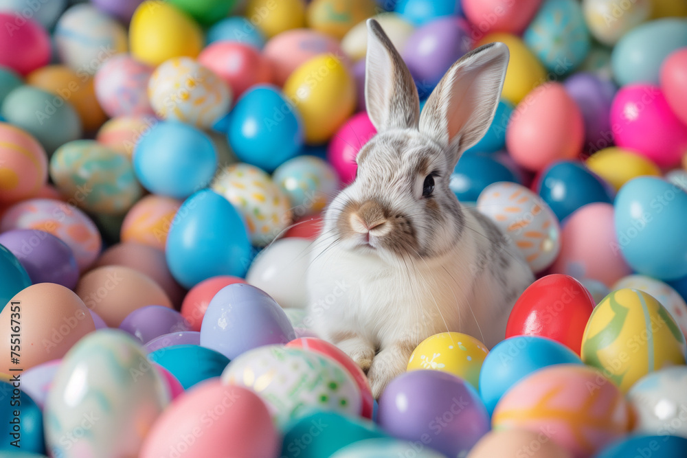 Bunny and painted Easter eggs - Generative AI Bunny and painted Easter eggs - Generative AI